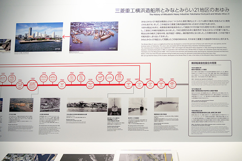 三菱重工造船所とみなとみらい21地区の歩みを紹介する「横浜と三菱重工グループ」。1922年（大正11年）、1956年（昭和31年）、2014年（平成26年）の同地区を航空写真で比較できる