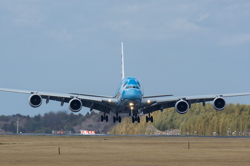 3月21日の12時51分に成田空港の16R滑走路に着陸。先行する着陸機（ボーイング 787-9型機）の後ろにいても存在感が強い