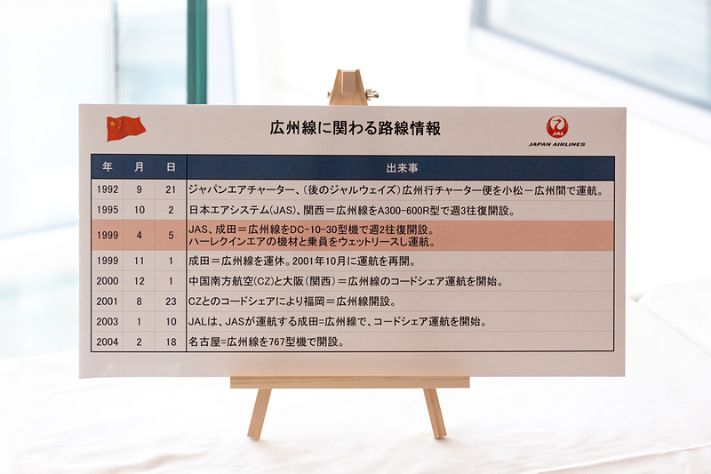 就航当時の様子や使用していた機体の写真も展示されていた。写真の年表には記載されていないが、羽田～広州線が開設されたのは2015年10月25日
