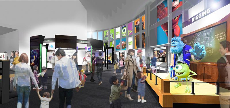 ガラス張りの展望台にてピクサー・アニメーション・スタジオの「技法と科学」を学びキャラクターとの記念撮影も楽しめる