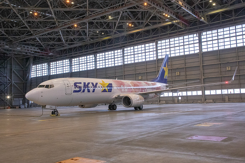 羽田空港のスカイマーク格納庫で公開した「タカガールジェット」（ボーイング 737-800型機）