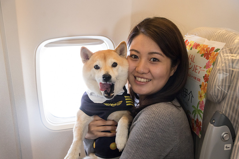 満面の笑みで自慢の愛犬と一緒に記念撮影。通常のフライトではありえないシーンだ