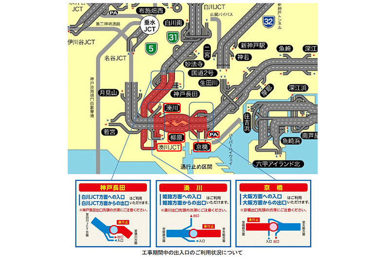 阪神高速はリニューアルプロジェクトの一環として、3号神戸線 湊川～京橋間などを5月24日～6月3日に全面通行止めにする