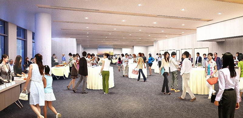 国際線到着ロビーからウォークインできるホワイエ。セミナールームと連結してイベントスペースとしても利用できる