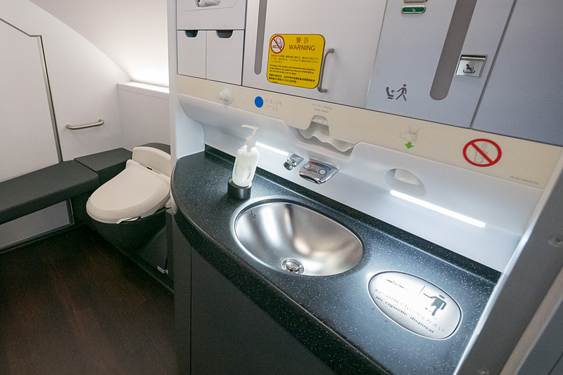 洗面台とトイレスペースがはっきり分かれ、ベンチシートや着替え台を備える広々としたラバトリー