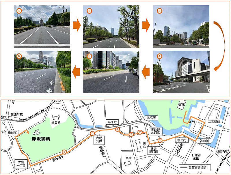 「祝賀御列の儀」のルートは皇居・宮殿～二重橋前交差点～桜田門交差点～国会議事堂正門前～憲政記念館前交差点～国立国会図書館前～平河町交差点～都道府県会館前～赤坂御用地南門前～青山一丁目交差点～権田原交差点～赤坂御所へ至る約4.6km