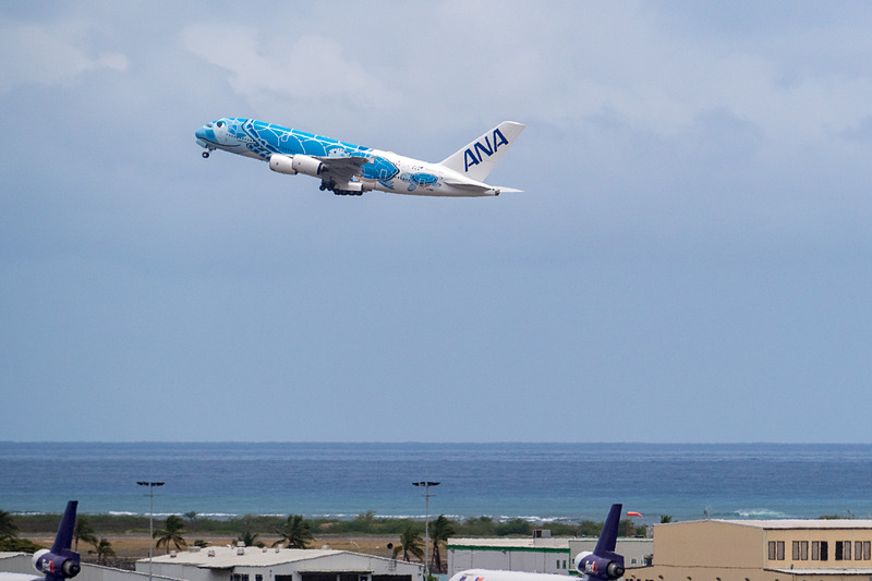 ダニエル・K・イノウエ国際空港の08R滑走路から離陸するANAのエアバス A380型機「FLYING HONU」