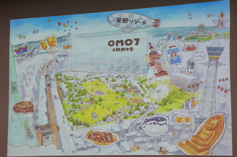 「OMO7 大阪新今宮」のイメージイラスト。新今宮駅との間に広い庭を設ける