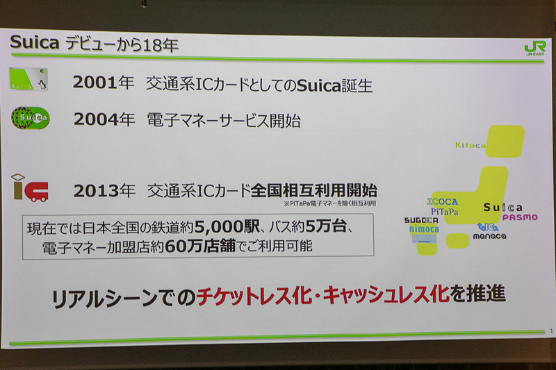2001年に交通系ICカードとして誕生したSuicaは電子マネーサービスとして成長し、約5000の駅、約5万台のバス、約60万の加盟店で利用できる規模に