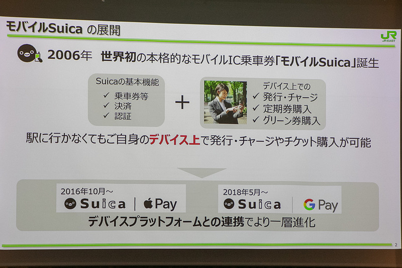 スマートフォンでSuica機能を利用できる「モバイルSuica」は2006年にスタート。ユーザーのデバイス上でSuicaの発行・チャージ、チケット購入などが可能になった