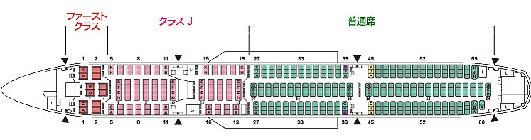 ファーストクラス12席、クラスJ 94席、普通席263席の計369席。全席にシートモニターとAC電源、充電用のUSBポートを備える