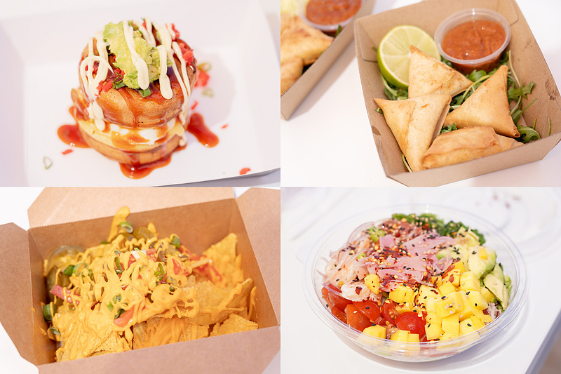 皆で食べたものいろいろ。左上が「OKONOBANYAKI（おこのばんやき）」というナゾの食べ物