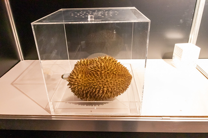 部屋のなかでは、アクリルケース内にブツが置かれており、上部のフィルムをめくってチャレンジする。こちらはドリアンだが、もちろんカットされたものが置かれているので強烈！　ちなみに筆者はシュールストレミングよりもこちらの方がキライだ