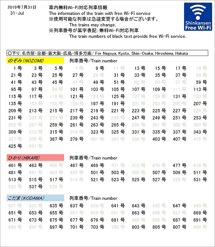 上りと下りのそれぞれで無料Wi-Fiサービスに対応した列車番号が黒字で記載されている