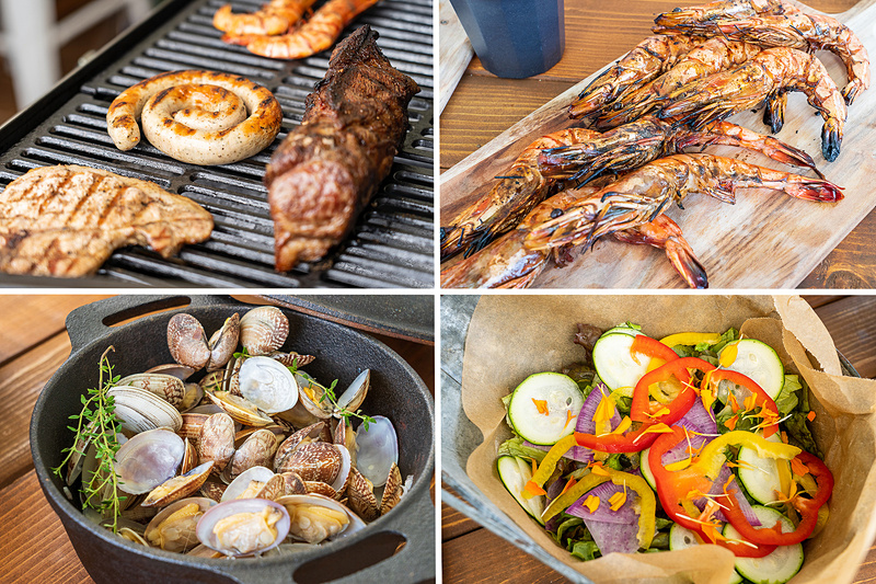 特製ぐるぐるソーセージや神奈川県清川恵水ポークのTボーンステーキ、有頭エビの串焼きもいい香り！　ファームサラダはボリューム満点