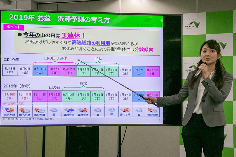 6代目渋滞予報士の小宮奈保子氏が、関東支社管内における2019年お盆時期の渋滞予測を解説した