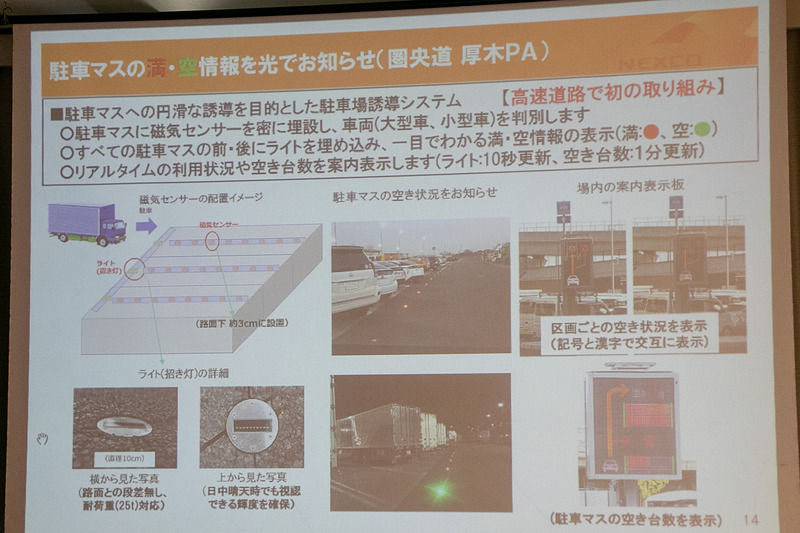 圏央道の厚木PAでは駐車マスの満車/空車情報を光でドライバーに知らせる取り組みを開始