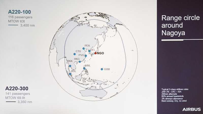セントレアを中心として航続距離。中国、東南アジア全域や北オーストラリアをカバーする