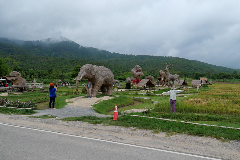 水田で育てた稲の藁を活用して作られた巨大アートが並んでいる