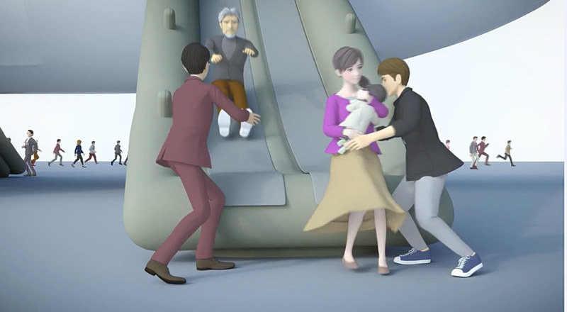 緊急脱出時の機外：幼児や高齢者の援助