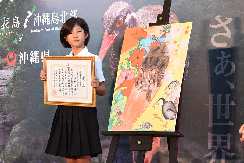 池村さんの作品は、イリオモテヤマネコを中心に鮮やかな花々や希少動物たちを描いている