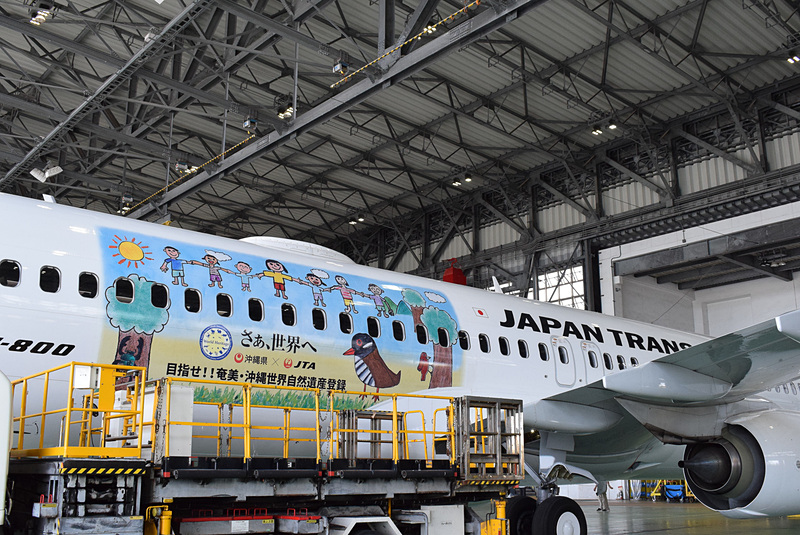 JTA機の反対側（機体右側）。知念さんの作品がラッピングされている