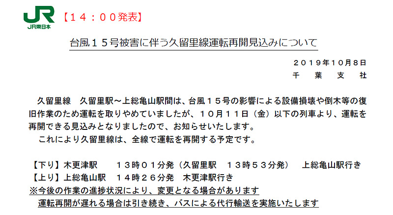 久留里線の久留里駅～上総亀山駅間が10月11日午後に運行再開