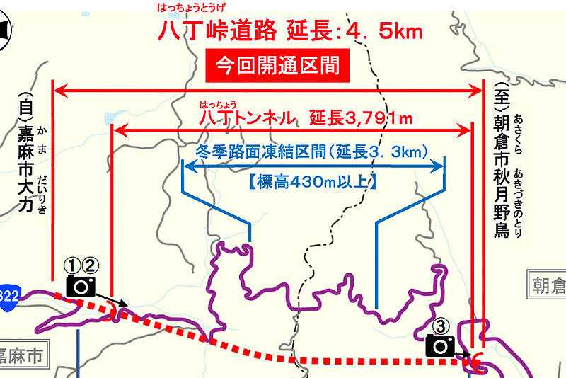 福岡県嘉麻市～朝倉市を結ぶ国道322号 八丁峠道路、八丁トンネルが11月16日15時に開通する