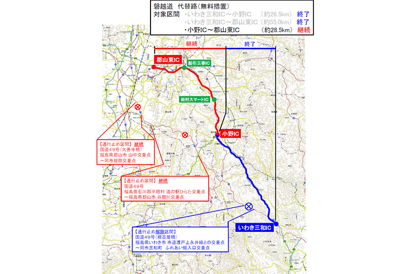 代替路（無料）措置が実施される区間