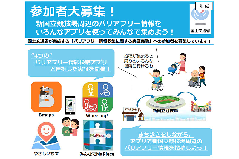 国交省は4つのアプリを用いてバリアフリー情報の収集を行なう実証実験イベントを11月17日に新国立競技場周辺で実施。参加者の募集を開始した