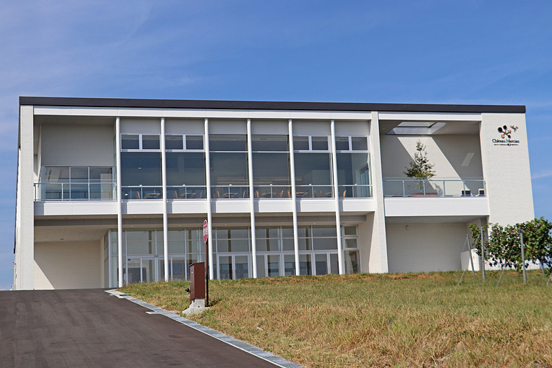 畑の中央に建てられた、すっきりとしたデザインの美しいワイナリー