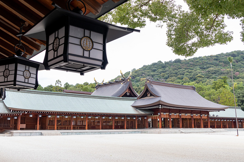 廻廊から内拝殿を見たところ。内拝殿の奥には祝詞（のりと）を奏上する幣殿、ご神体が鎮座する本殿が続く。釣燈篭にはカシの葉をモチーフにしたマークが入っている