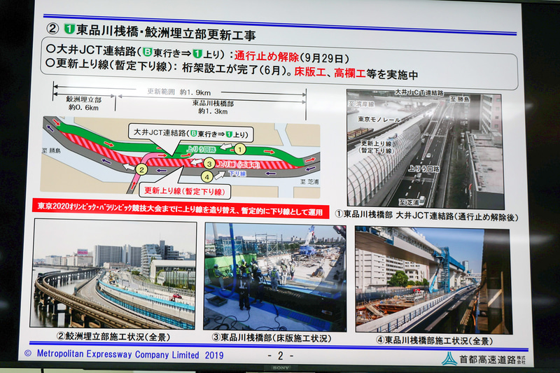 東品川桟橋・鮫洲埋立部の更新工事。東京2020オリンピック・パラリンピック期間中は新たな上り線を暫定的に下り線として利用する