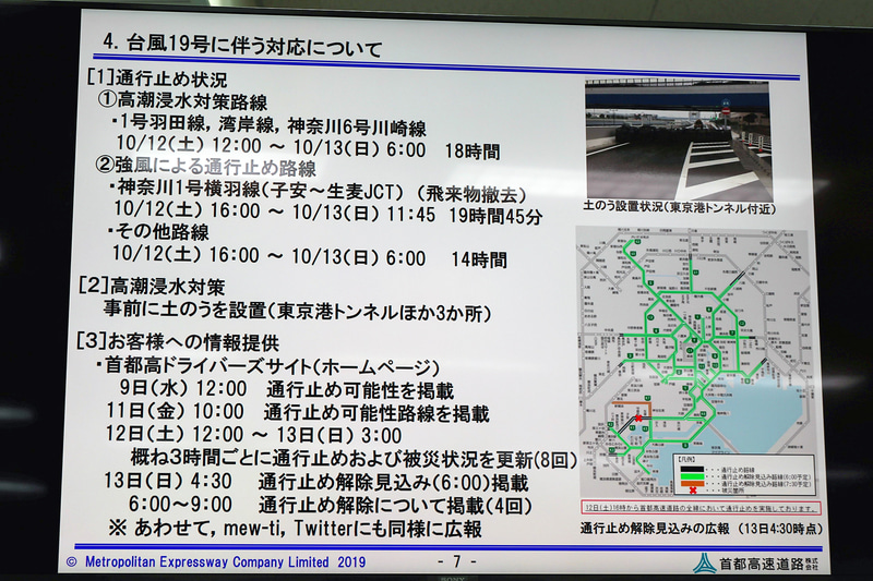 台風19号に伴う対応について。東京港トンネルなどでは高潮浸水対策として事前に土のうが設置された