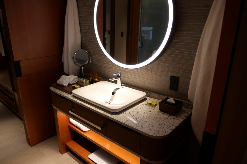 洗面台には大きな鏡が設置され、広々としている