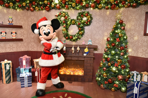 ディズニー、はしごをのぼるかわいいミッキーサンタさん ミッキーサンタさん🐭🧣 サンタさんのぼうしは人間用のやつだよ
