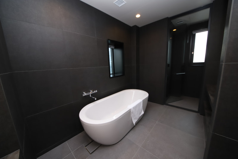 洗面、バス。バスルームと独立したシャワールームもある