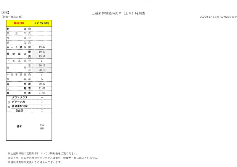 上越新幹線臨時列車（上り）時刻表