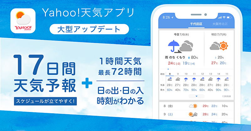 「Yahoo!天気」の天気予報期間を17日間に延長した