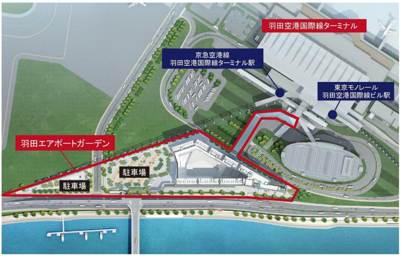 羽田空港国際線ターミナルと環八通りに挟まれた約4万3000m<sup>2</sup>の敷地に2020年春に開業する羽田エアポートガーデン