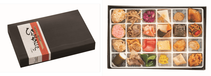 つがる惣菜「津軽めんこい懐石弁当 ひとくちだらけ」（1350円）。青森の郷土料理・名物料理が24種類入った、美味しいもの少しずつの幸せ弁当。