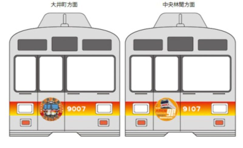大井町線の車体前面に90周年記念ヘッドマークを装飾した列車を1編成運行する