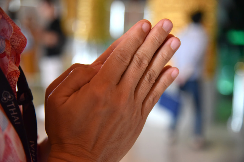 蓮のつぼみのような形に手を合わせて祈る