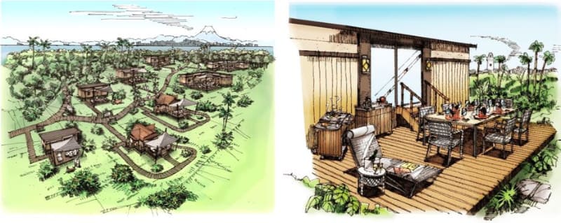 亜熱帯の植物に囲まれた豊かな自然の中、潮風を感じゆっくりと流れる時間を味わえる「初島」。「トレーラーヴィラ」エリアは見晴らしのよい高台に広がる