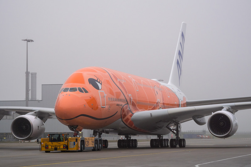 エアバス・ハンブルク工場の塗装工場からロールアウトするANAのエアバス A380型機 3号機
