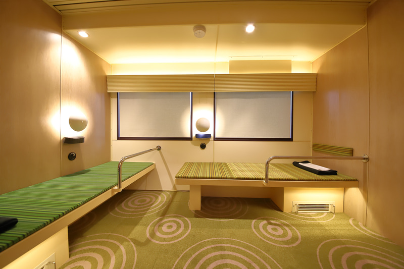 車いす対応のクシェットで、足が不自由な人でも夜行列車を楽しむことができる。昼と夜のイメージで撮影