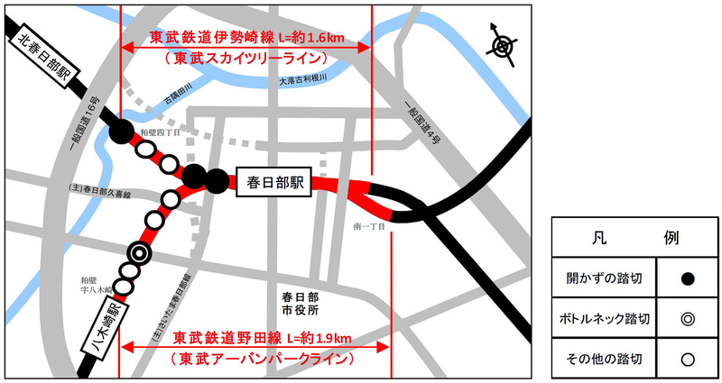 東武鉄道伊勢崎線（東武スカイツリーライン）と野田線（東武アーバンパークライン）の春日部駅付近の鉄道を高架化し、10か所の踏切を除却する
