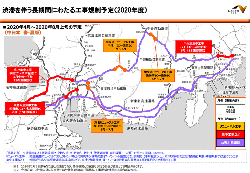 【NEXCO中日本】2020年度春・夏（2020年4月～8月上旬）に予定している渋滞を伴う長期間の工事規制予定