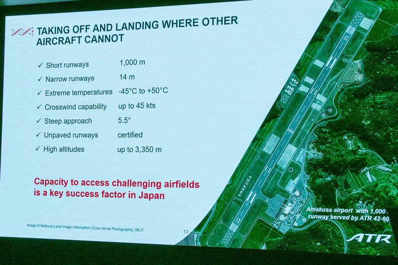 ATR機は約1000mの短い滑走路、約14mと狭小の滑走路、極低温環境下等々での離着陸が可能