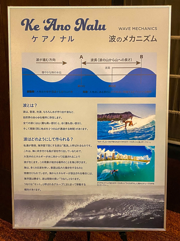 ホノルルにあるビショップミュージアムで開催しているサーフィン展「マイ・キノヒ・マイ（Mai Kinohi Mai）：Surfing in Hawaii」の展示内容の一部を和訳したパネルを会場では展示していた